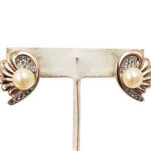 Vintage 1980s Signed Panetta Faux-Pearl & Pave Rhinestone Pierced Earrings
